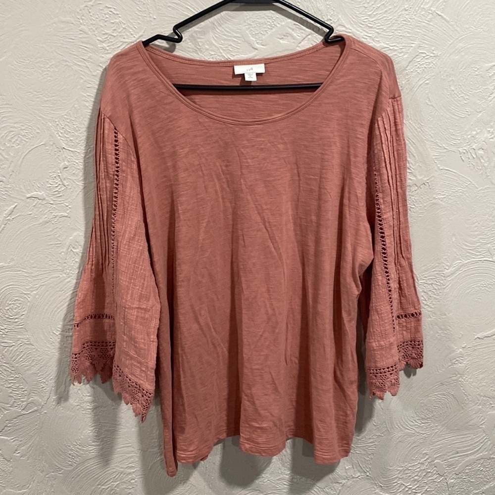 J Jill Pink Rose 3/4 Sleeve Round Neck Pintuck Boho Blouse Size XL Petite